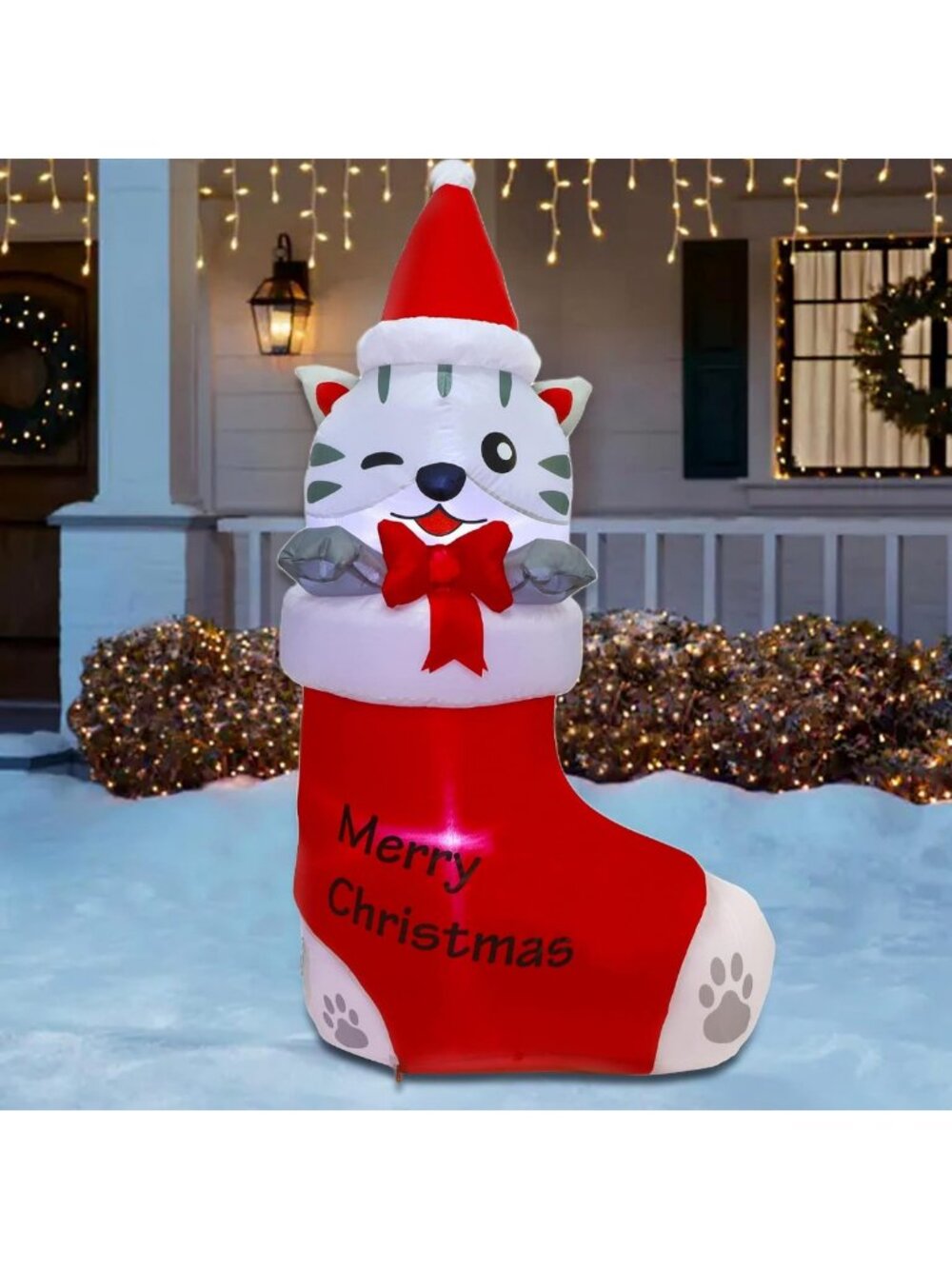 5FT Christmas Inflatable Kitten in Stocking - Lighted Holiday Lawn Decor